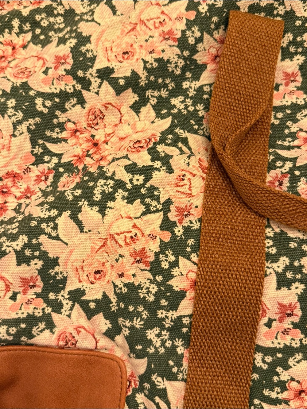 Floral Canvas Duffle Bag with Adjustable Strap - Green/Pink - Picture 2 of 4